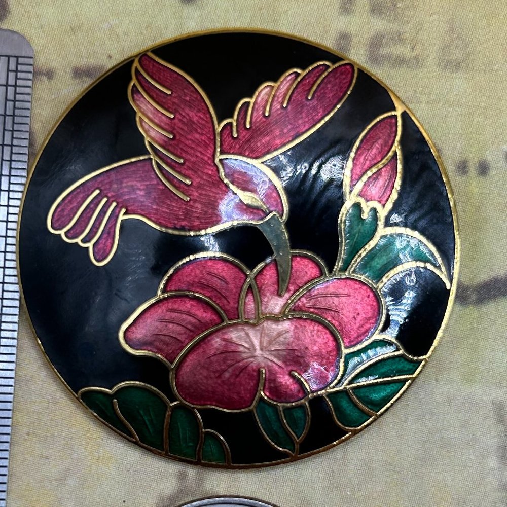Vintage Black Rose-Red Gold Enamel Hummingbird Bird Hibiscus Flower Brooch Pin